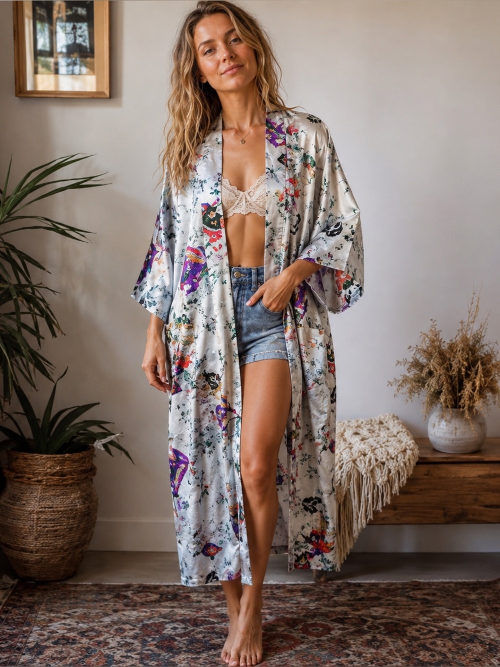 Elegant Oriental Ivory Floral Satin Kimono Robe